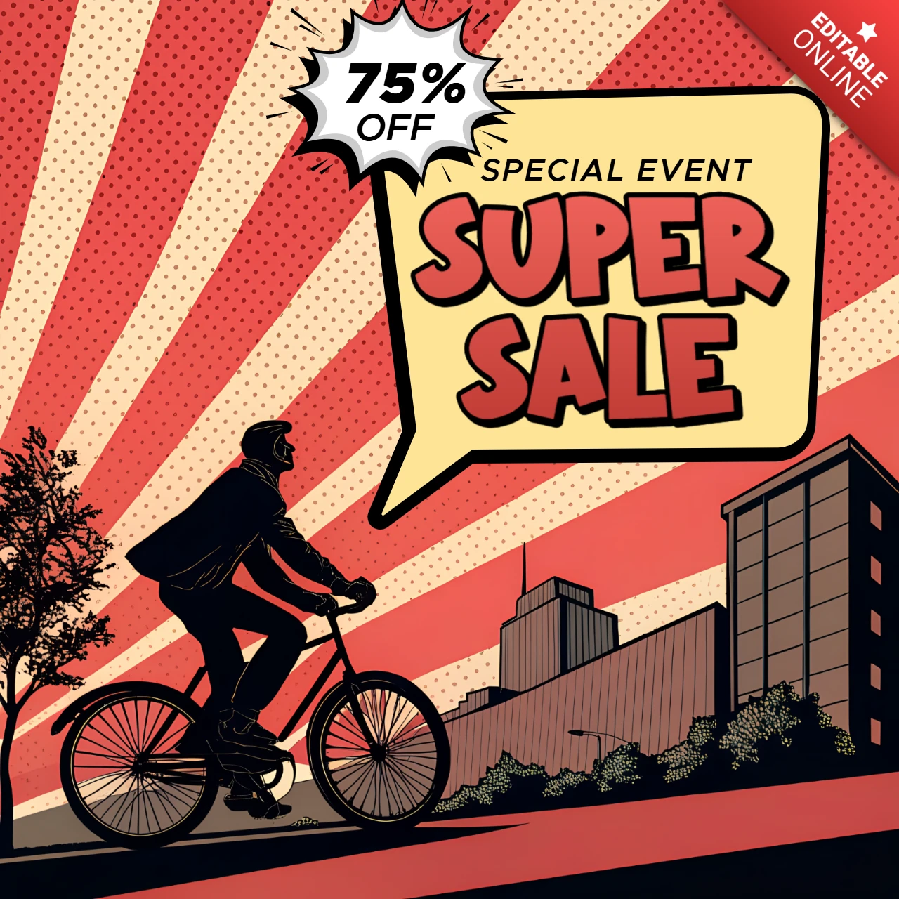 Pop Art Sale Template for Promotional Flyers Featuring Bicycle and Bold Typography