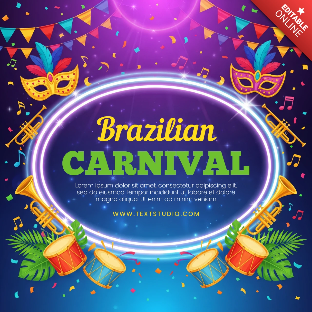 Manifesto del carnevale brasiliano con sfondo a gradiente viola-blu, maschere colorate, piume, tamburi, trombe, coriandoli e foglie tropicali.