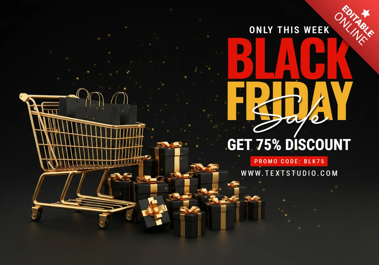 Black Friday Promo Poster Golden Shopping Cart with Black Gift Bags and Ribboned Boxes on Dark Background Sale Design Template for Promotional