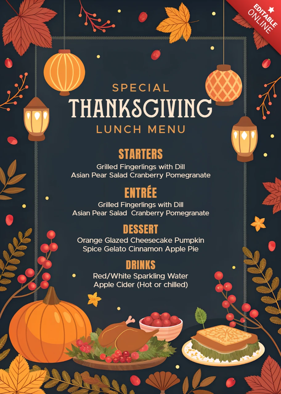 Thanksgiving Menu Design Template with Autumn Elements for Restaurant Use