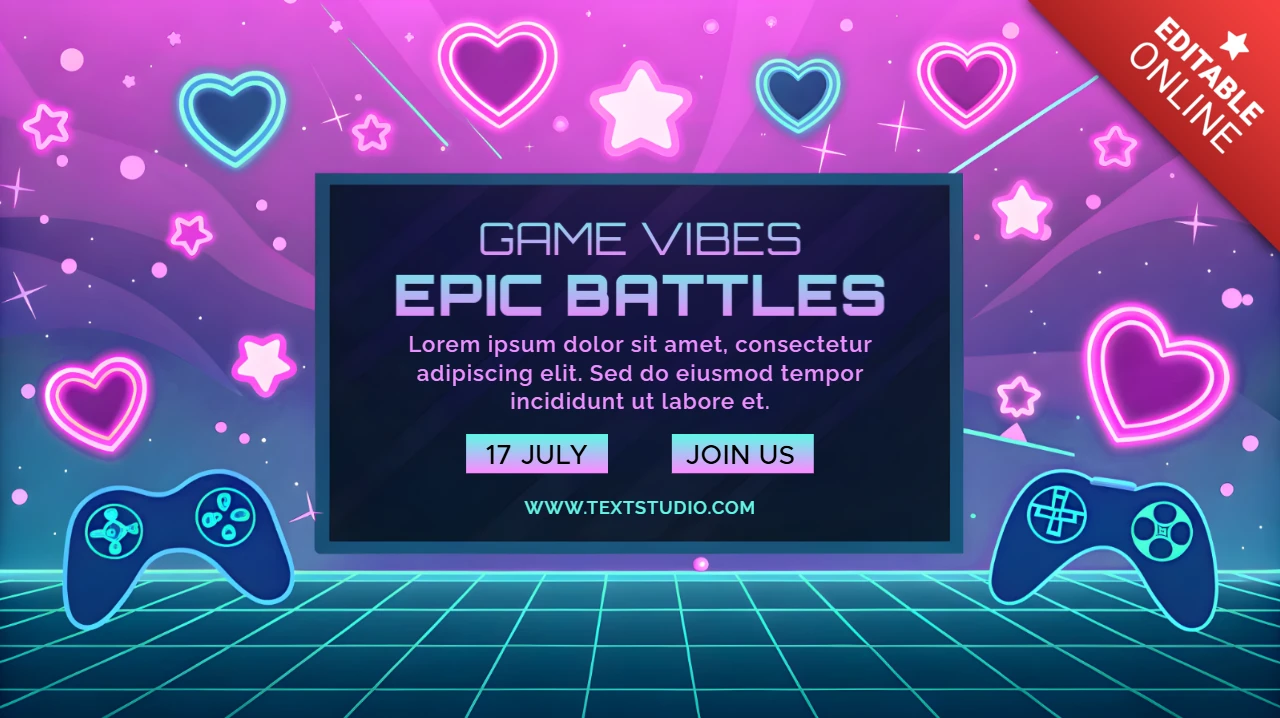Modelo de banner de canal de Twitch de jogos fofo com corações de neon e controladores