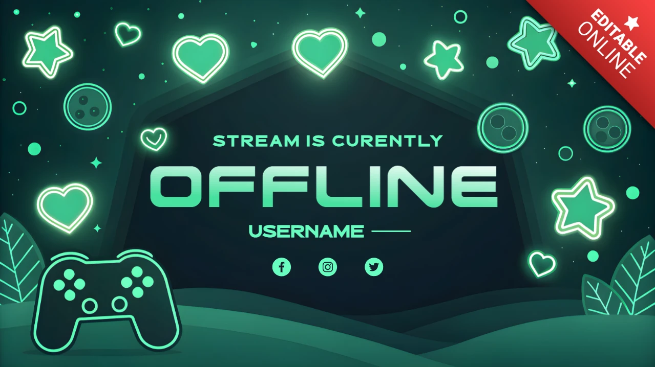 Template de stream hors ligne pour gamer néon avec manette et icônes amusantes
