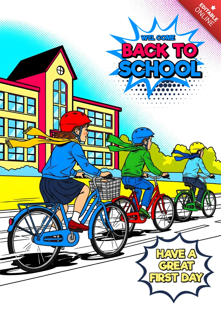 Bem-vindos de volta à escola, crianças andando de bicicleta em direção ao cartaz de design do prédio escolar vermelho e amarelo.