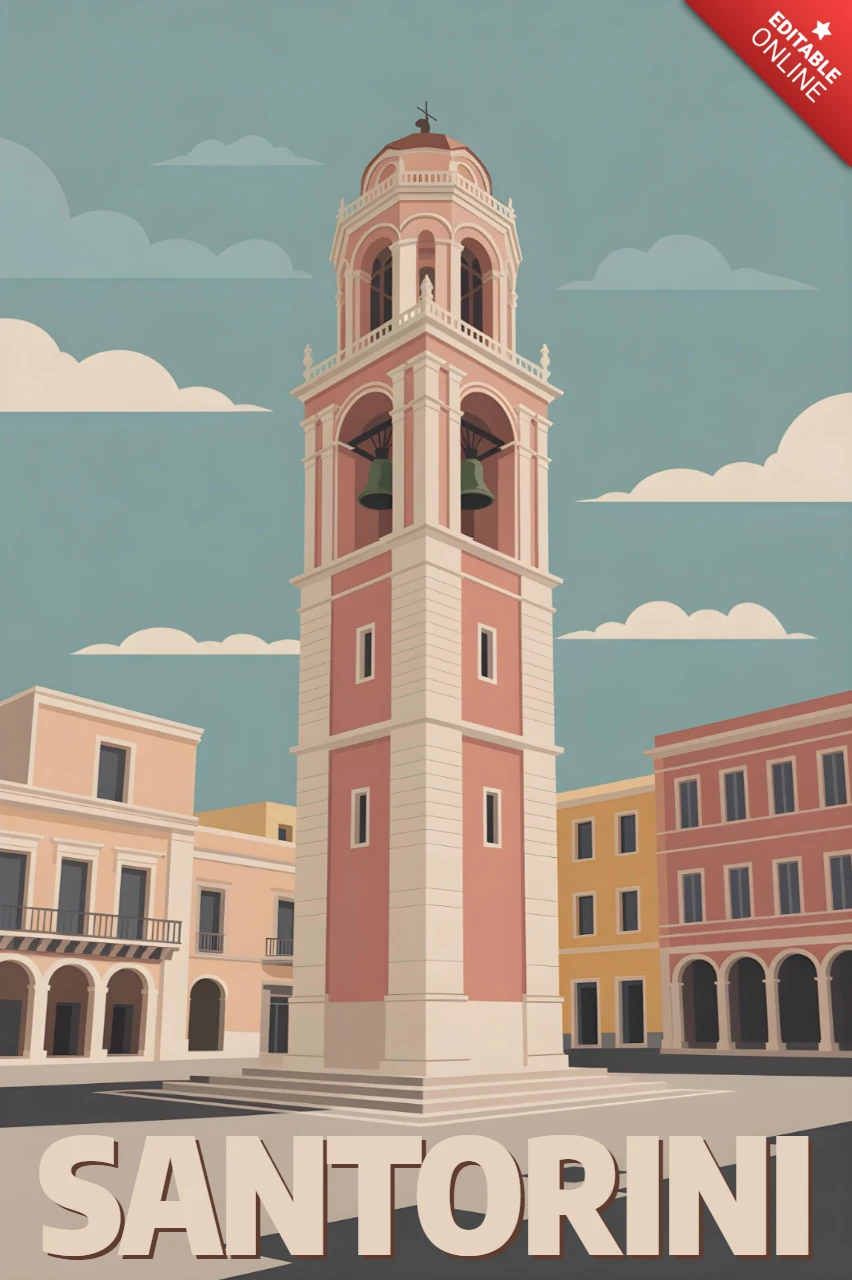 Bell Tower in Town Square with Classical Architecture Santorini Travel Posters Design Template