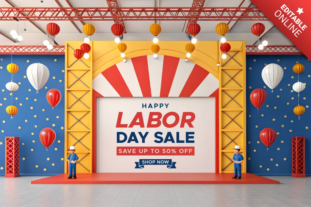 Modèle de modèle de vente festive pour la fête du travail avec des décorations colorées