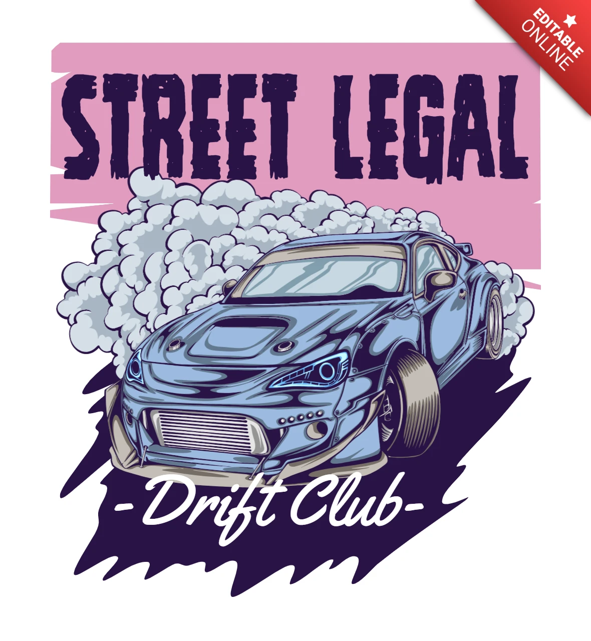 Straßenzulässiges blaues Driftwagen-Design mit Rauch und Drift-Club-Typografie T-Shirt-Vorlage