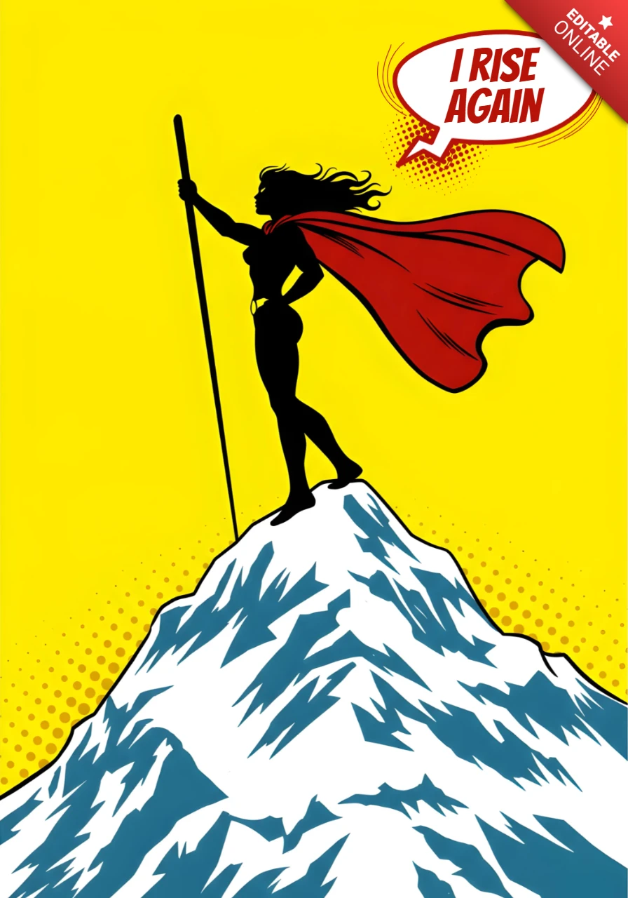 I Rise Again Superhero Silhouette on Snowy Mountain Peak with Staff Poster Design Template