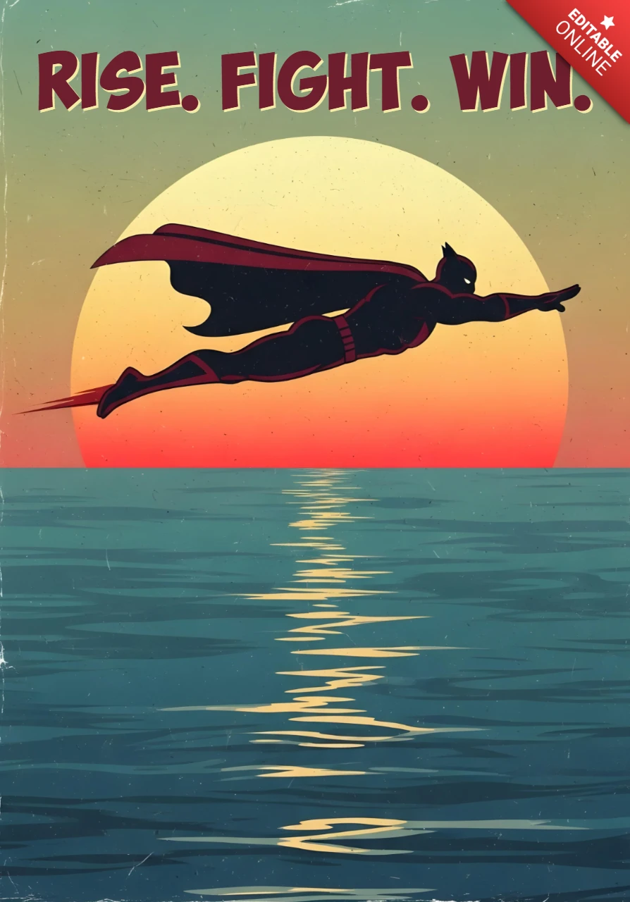 Steh auf, kämpfe, gewinne, Superheld fliegt über den Sonnenuntergang, Ozean, Posterdesign-Vorlage