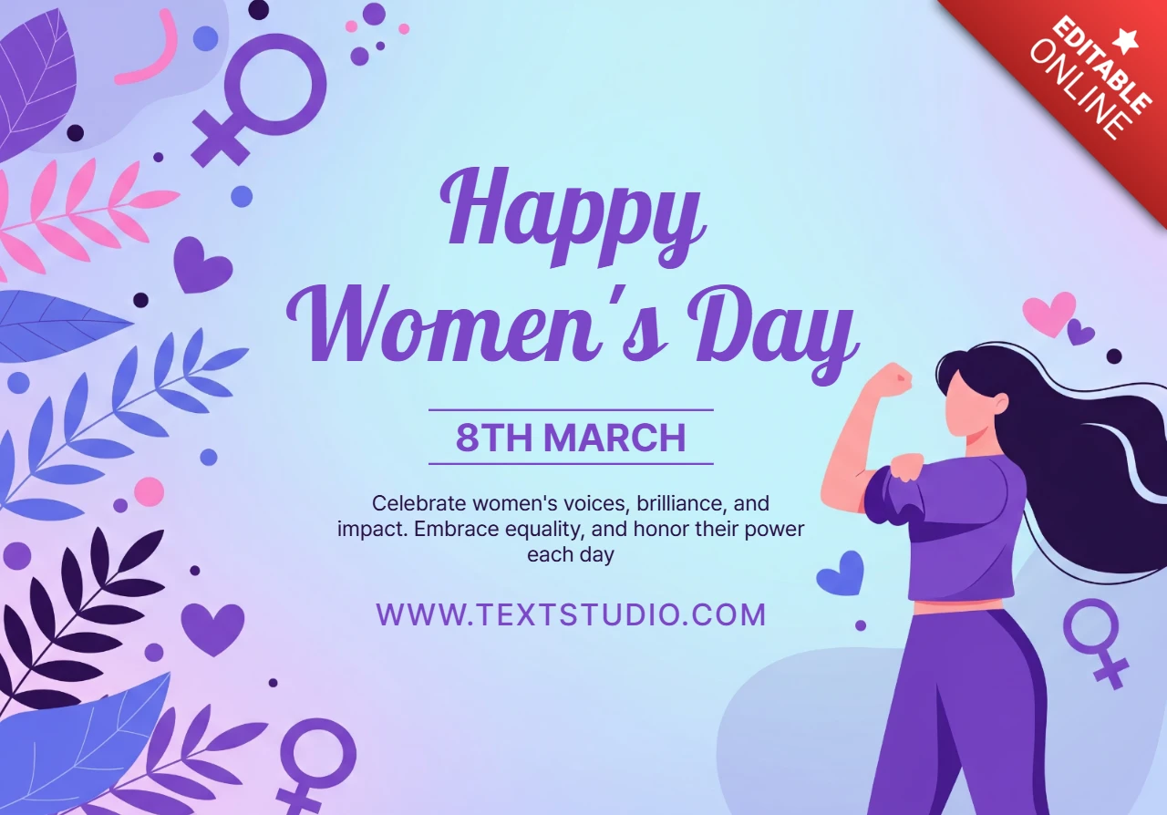 Template de design de cartaz para o Dia Internacional da Mulher com ilustração de mulher confiante, símbolos de gênero e fundo decorativo em gradiente.