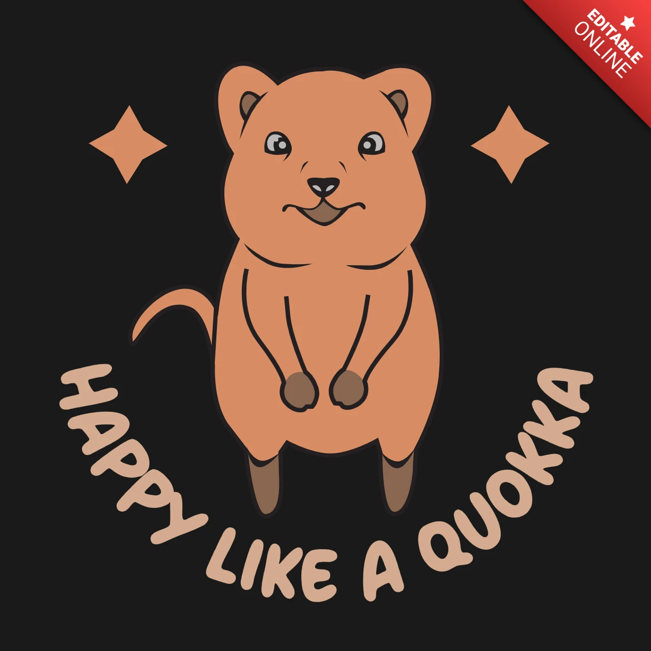 Lächelnder Quokka-Comic 'glücklich wie ein Quokka' positiver Spruch für süße australisch inspirierte Merchandise-T-Shirt-Designvorlage