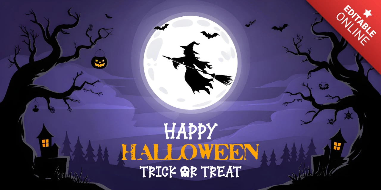 Capa de design para Facebook com bruxa de Halloween voando à noite em cena assombrada com abóboras e morcegos.