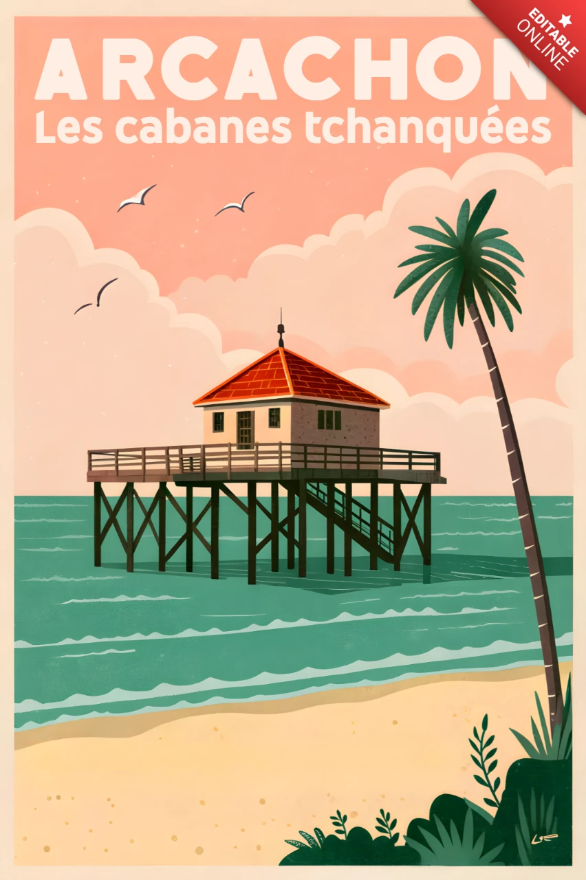 Cabane de pêche vintage à Arcachon, design rétro pour affiche de voyage