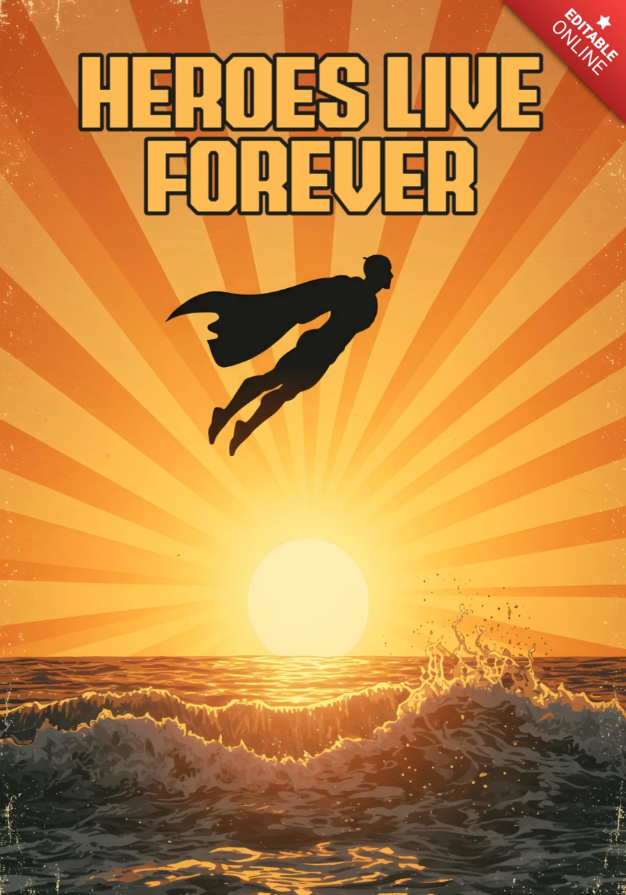 Heroes Live Forever Flying Superhero Silhouette at Sunrise Poster Design Template