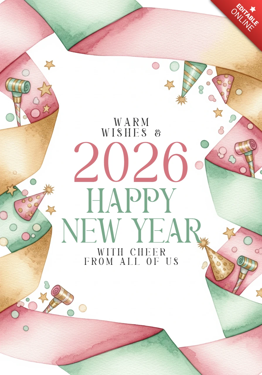 新年の挨拶テンプレート、ストリーマー、クラッカー、金色の星のディテールをあしらった2026年の祝祭デザイン