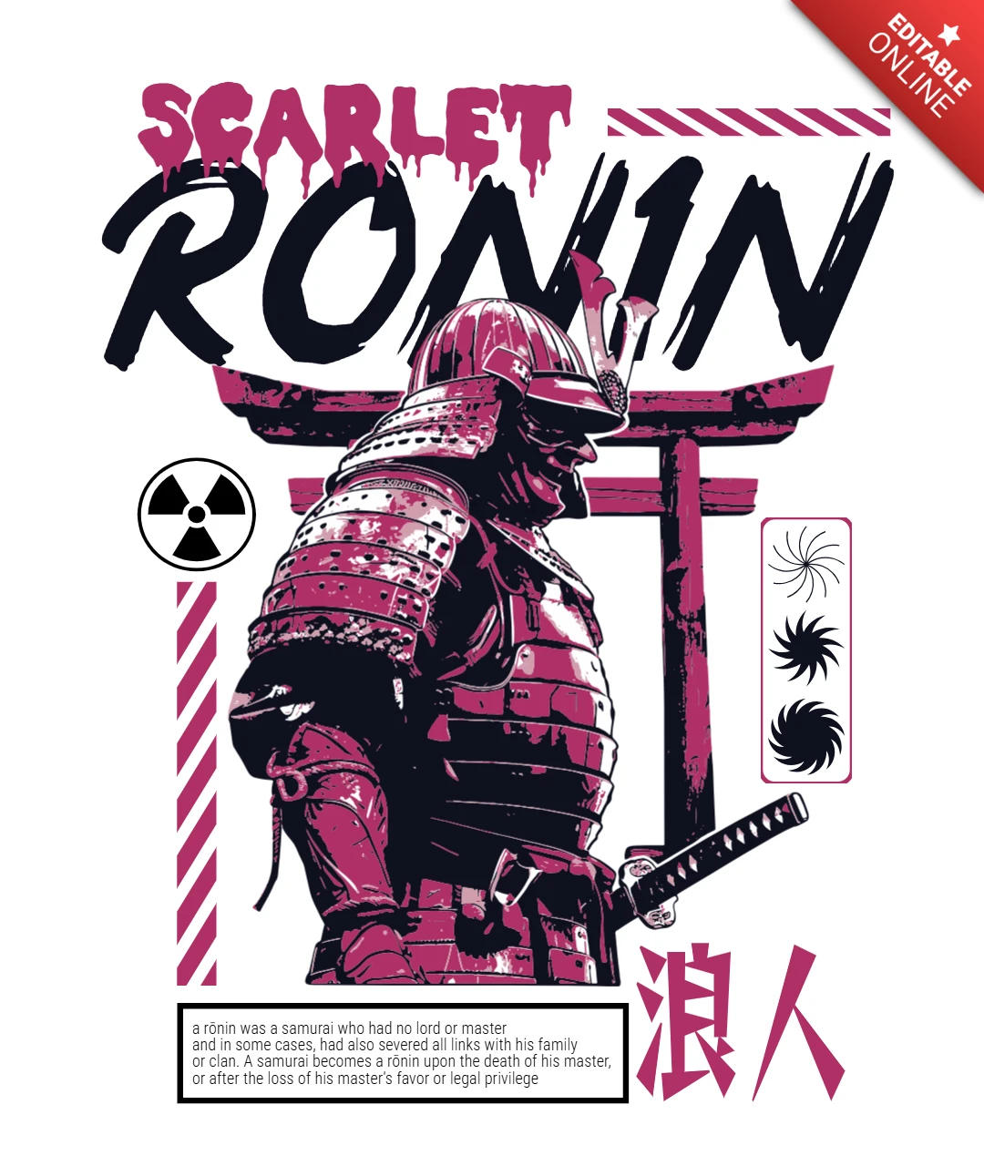 Czerwony ronin japoński samuraj z mieczem i wzorem koszulki z bramą torii