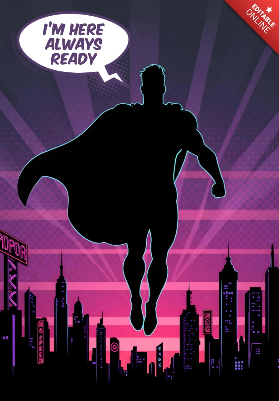 Immer bereit fliegende Superhelden-Silhouette über Stadtlandschaft Poster-Design-Vorlage