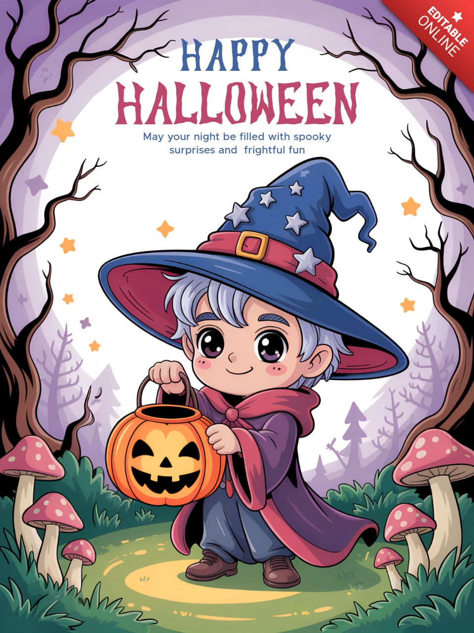 Plantilla de diseño de Halloween caprichosa para invitaciones de fiesta de niños con un lindo mago y una calabaza.