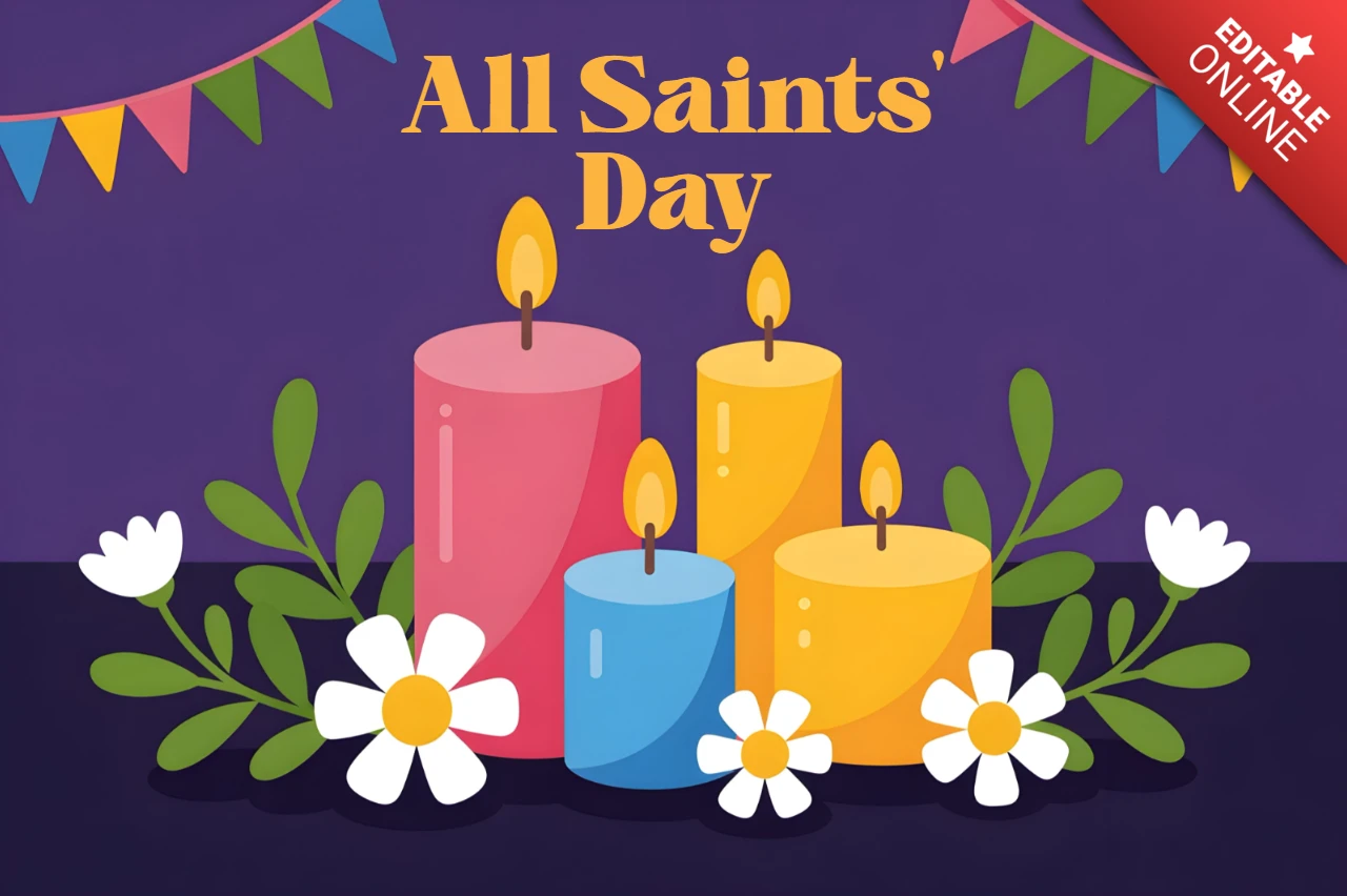 Design del biglietto di auguri per la festa di tutti i santi con candele colorate, fiori bianchi e bandierine su sfondo viola.