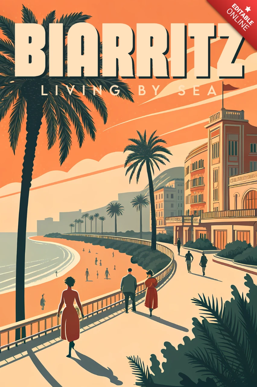 Vintage Biarritz-Strandszene Designvorlage für Poster oder Druck