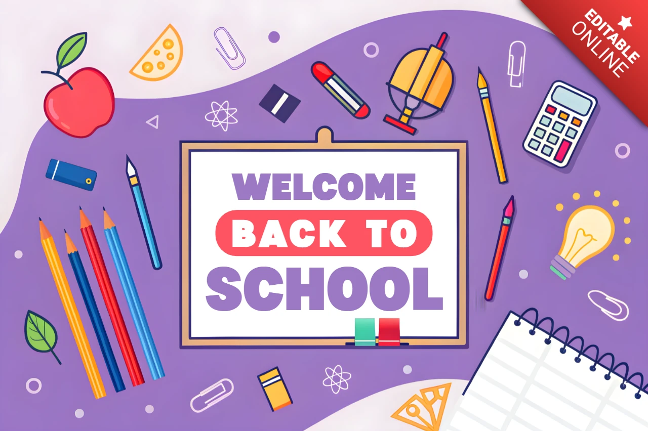 Terug naar school welkomstontwerp sjabloon met kleurrijke schoolbenodigdheden voor posters