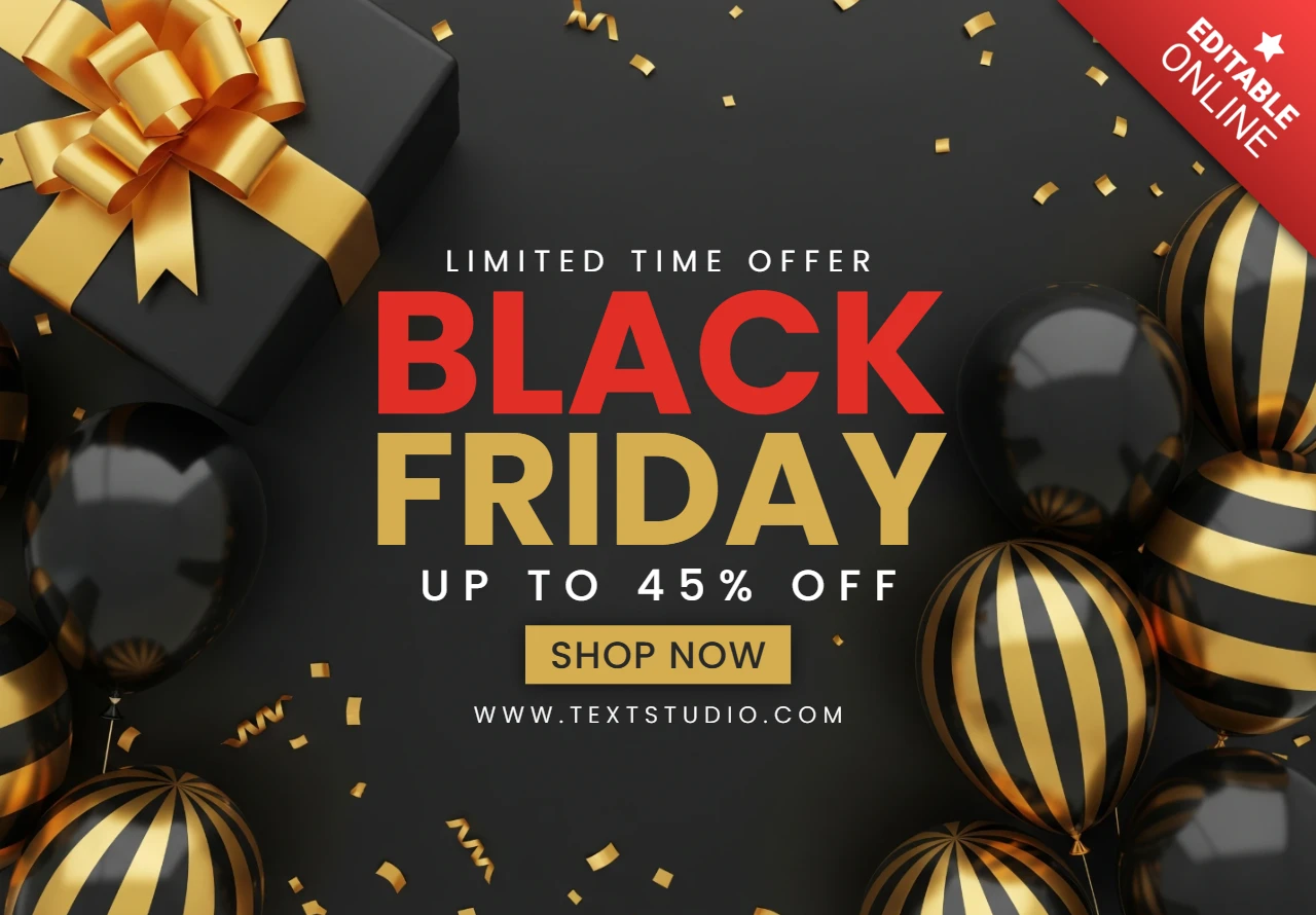 Conception élégante de vente du Black Friday, célébration de ballons et éléments étincelants dorés encadrant le modèle d'offre pour des flyers promotionnels.