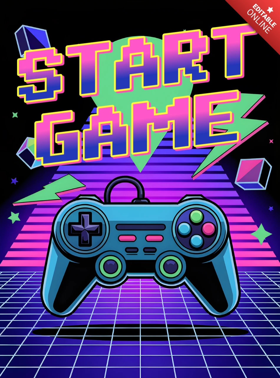 Retro-Gaming-Designvorlage für T-Shirts mit Controller und Neon-Ästhetik