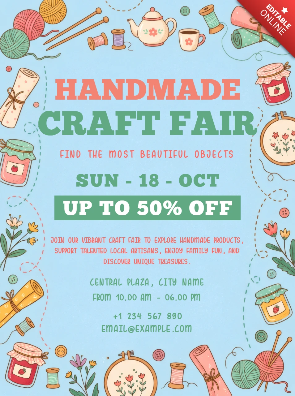 Modèle de flyer pour événement de foire artisanale avec pelotes de laine à tricoter, tambours à broder et fournitures de couture DIY