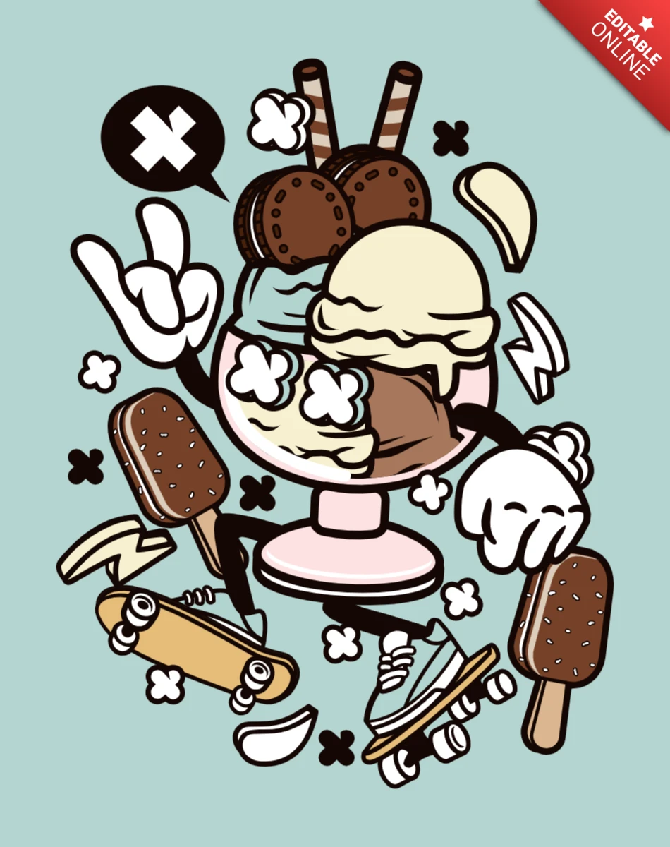 Helado monopatín personaje de dibujos animados plantilla de diseño de la camiseta
