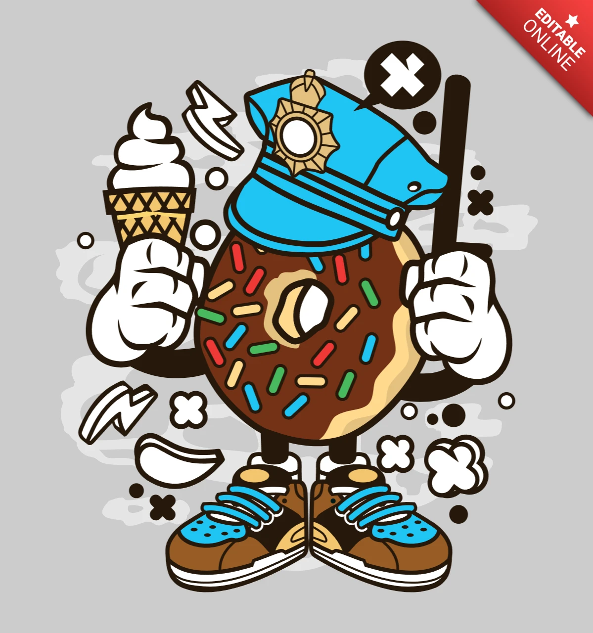 Plantilla de diseño de camiseta con personaje de dibujos animados de policía donut