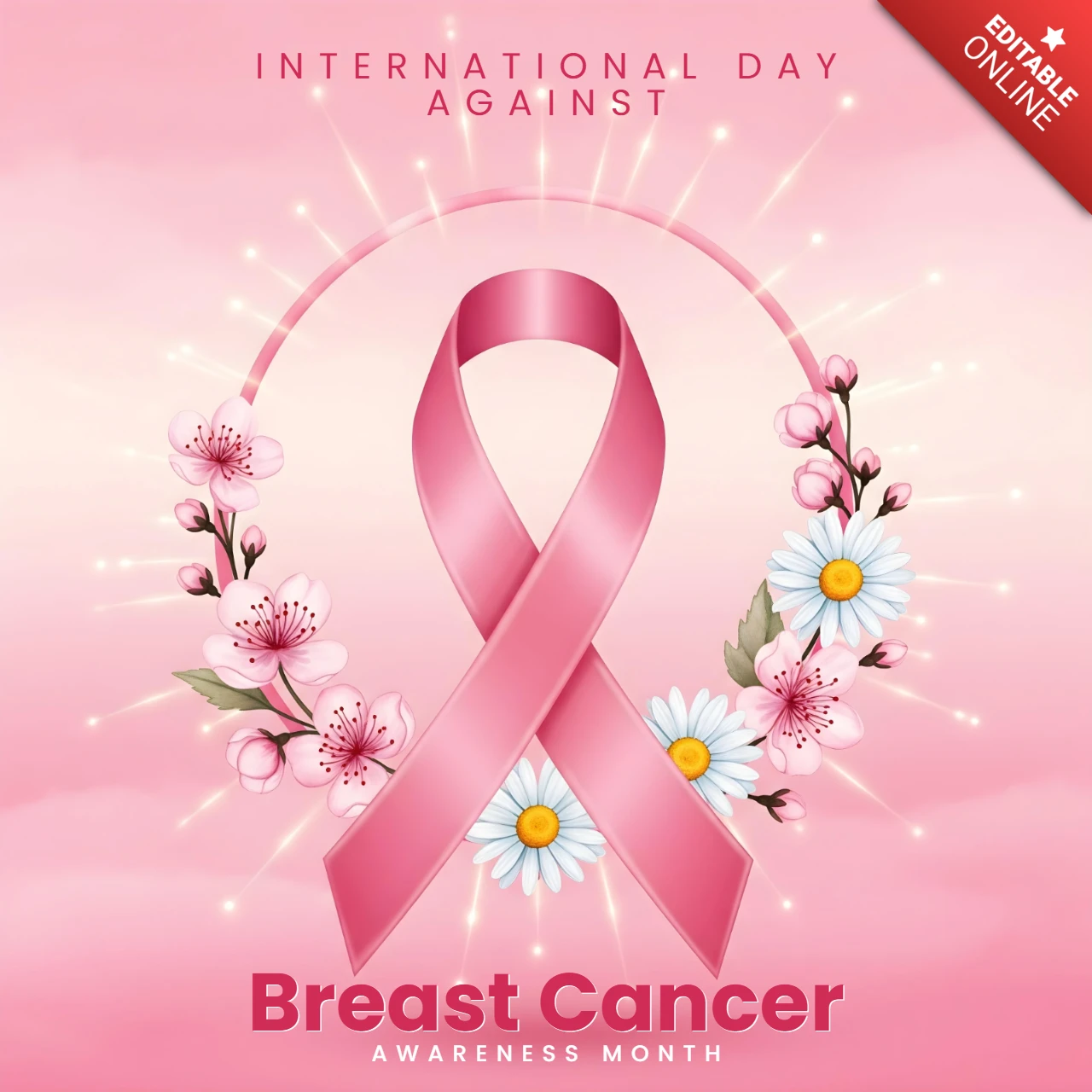 Oktober Brustkrebsbewusstsein rosa Schleife umgeben von Blumen & Licht Banner Design Vorlage