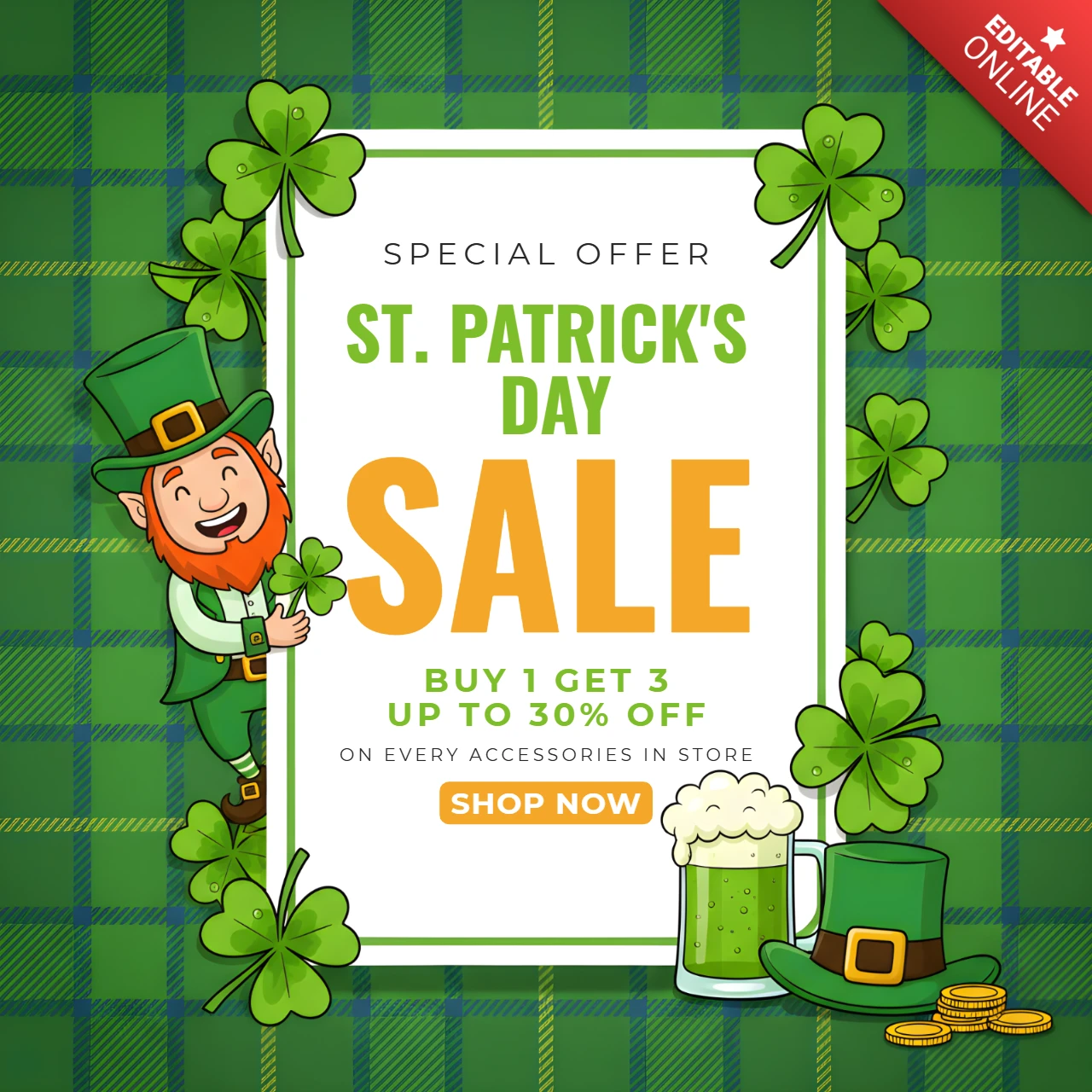 Werbeplakat-Designvorlage mit Kleeblättern, Leprechaun-Charakter und St. Patrick's Day-Thema