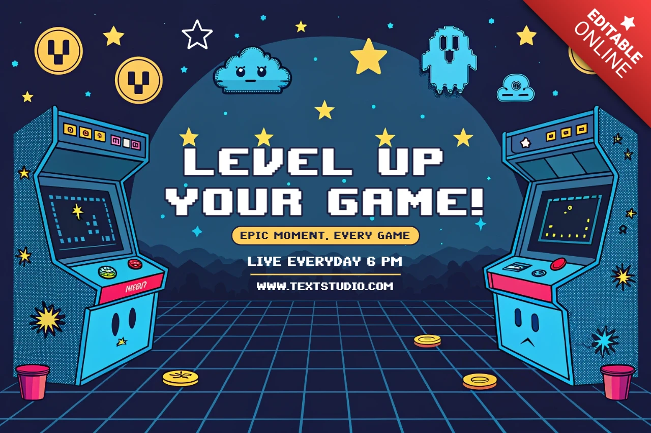 Retro-Arcade-Spielabend Flyer-Vorlage mit Pixelkunst-Design