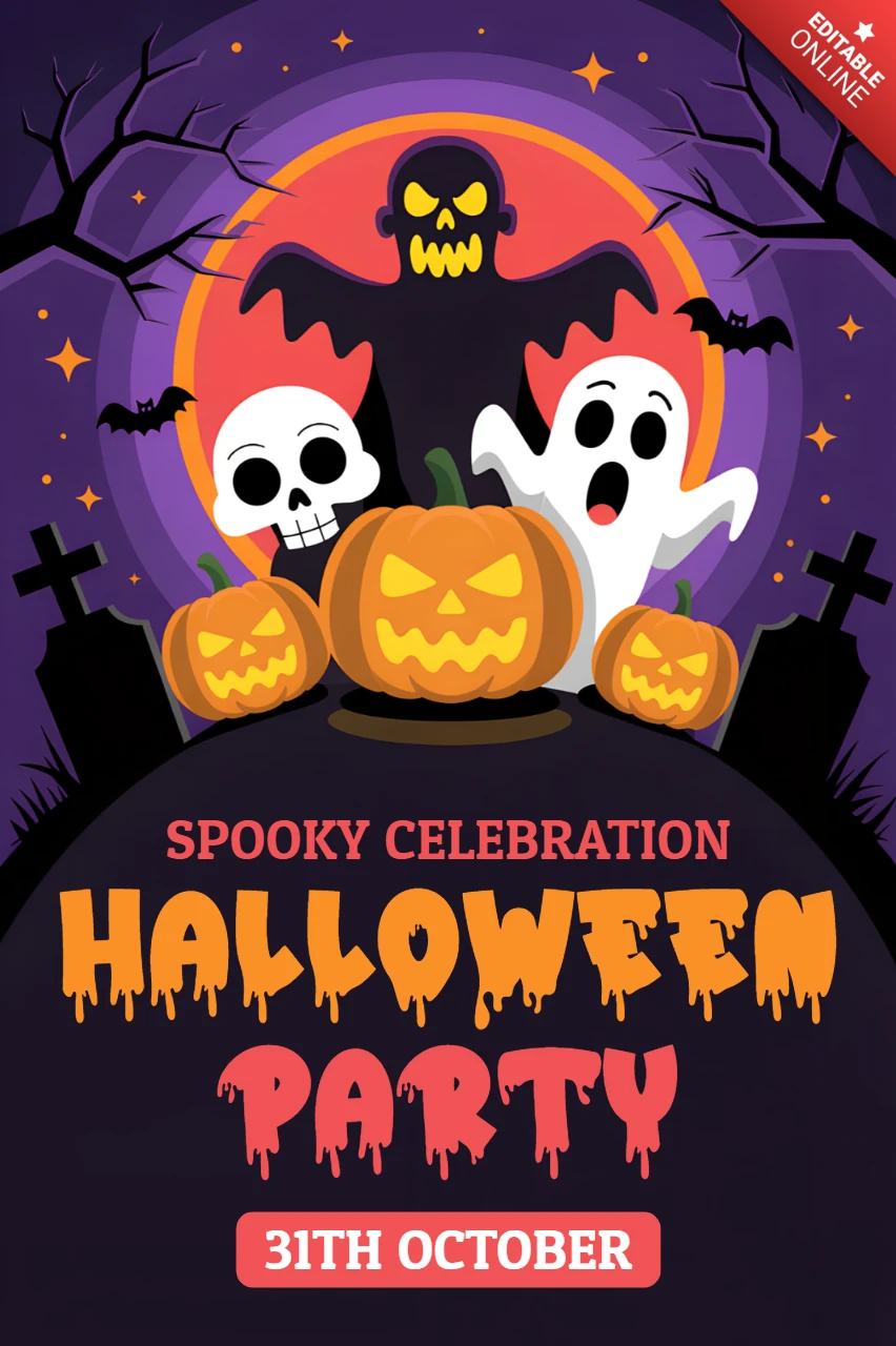 Spooky Halloween Party Design Template with Pumpkins Ghosts and Bats for Flyers