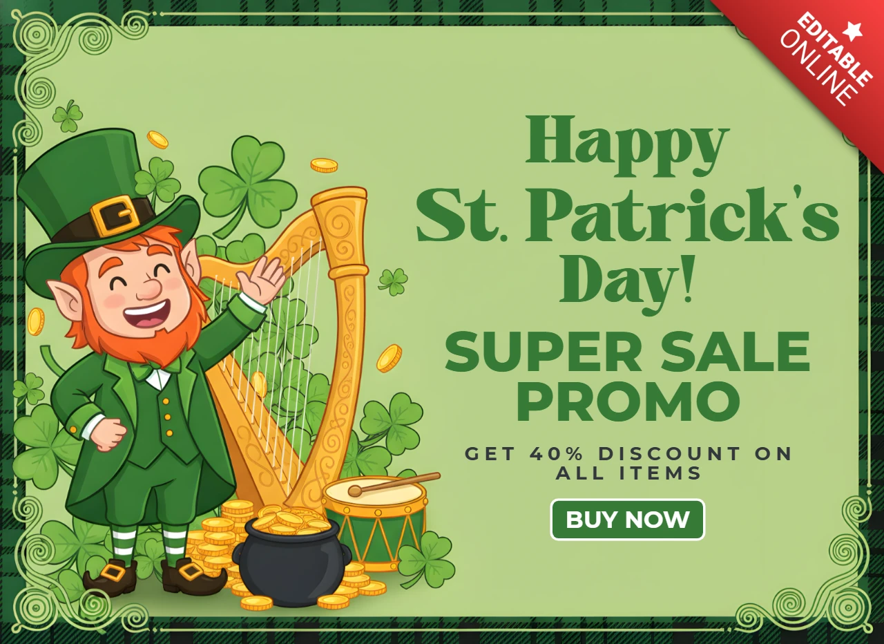 Festliches St. Patrick's Day Verkaufsbanner-Design mit Kleeblättern, Goldmünzen und Werbebotschaft