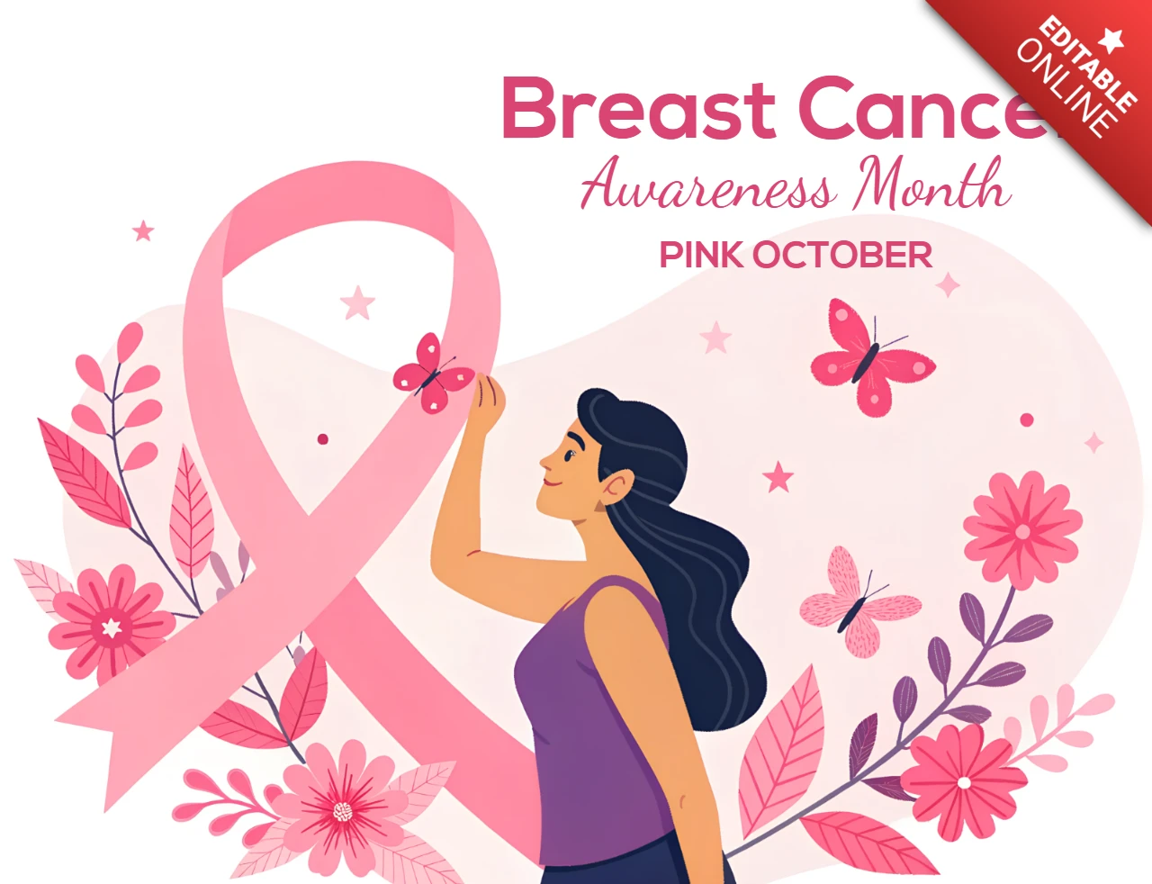 Modello di design per poster del mese della consapevolezza sul cancro al seno con elementi floreali e nastro rosa