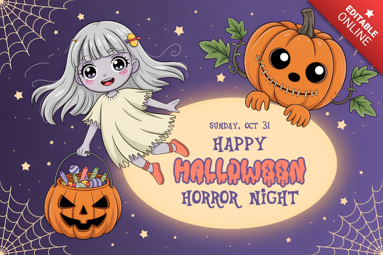 Bearbeitbare Halloween-Designvorlage mit süßem Kawaii-Geist und Kürbis für Party-Einladungen