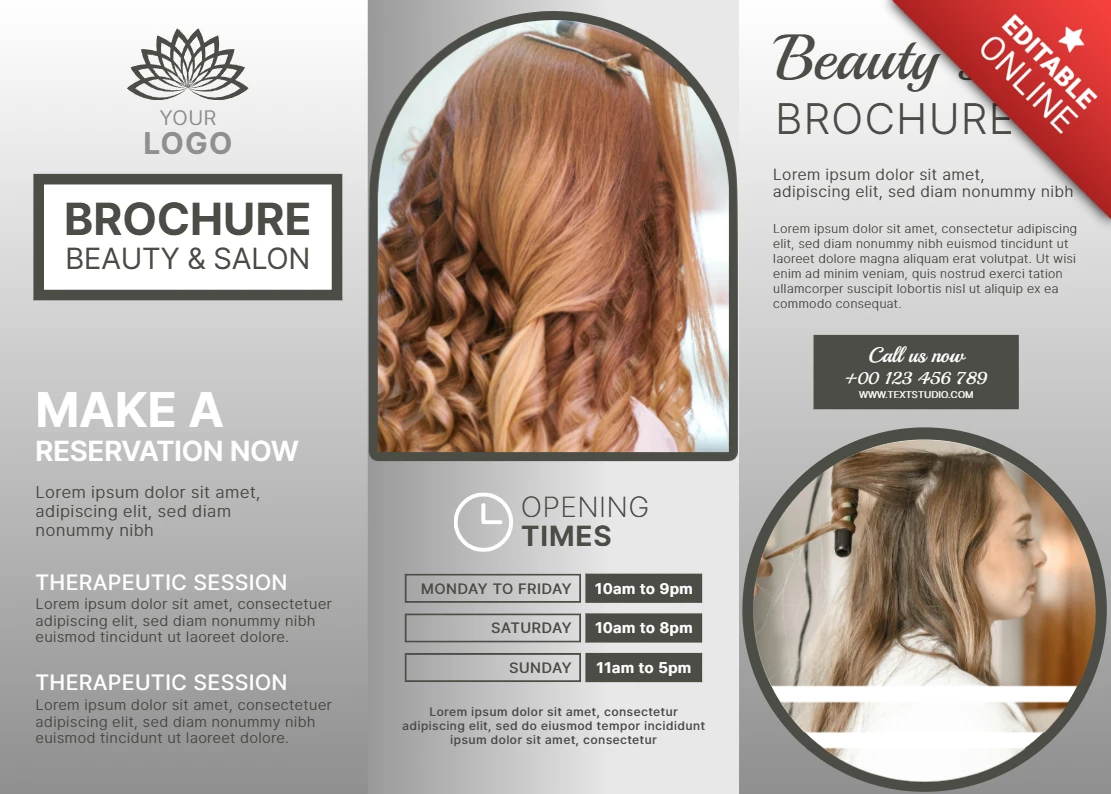 Modello di brochure per salone di bellezza elegante con design per acconciature da utilizzare per promozioni