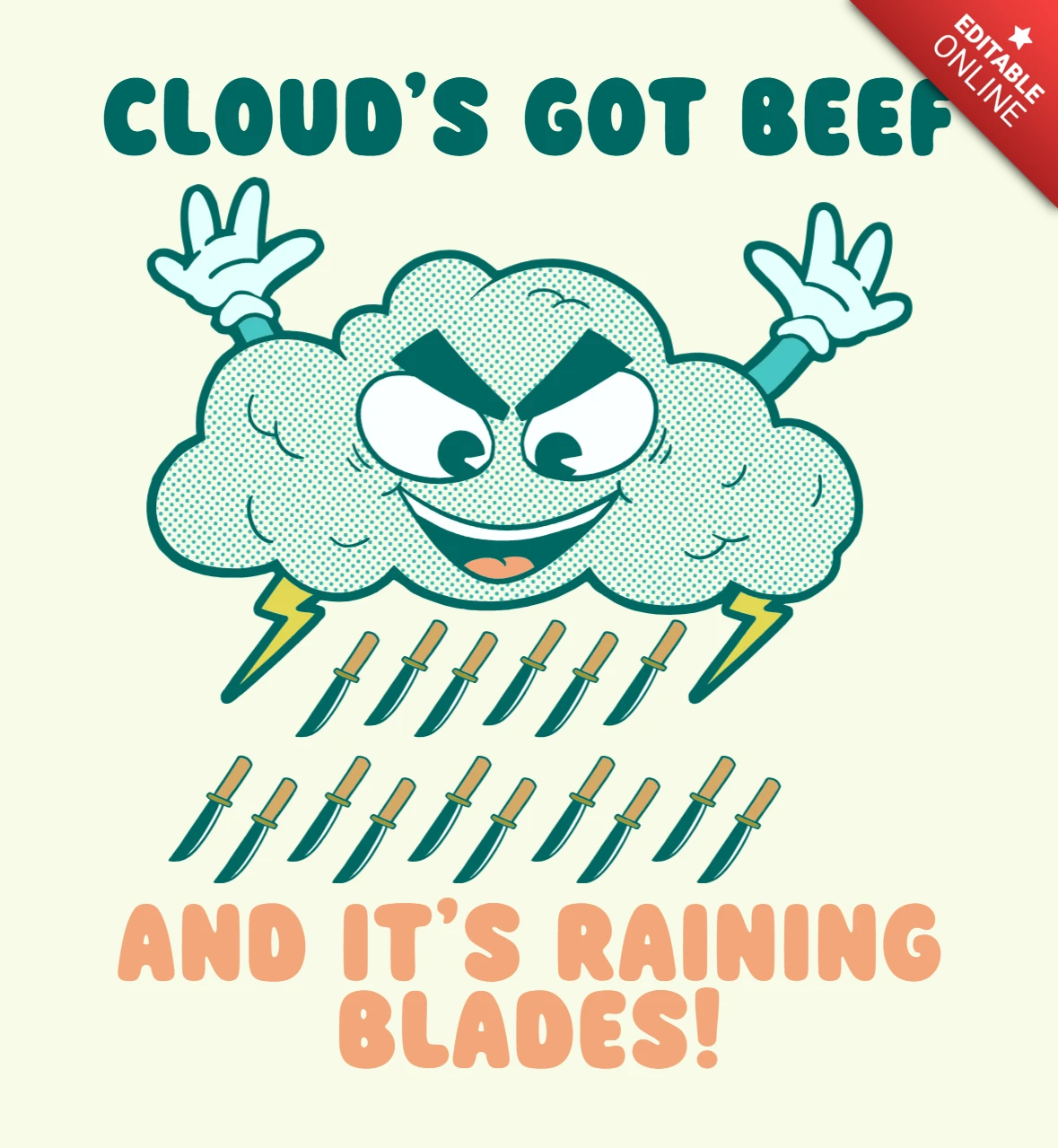 Illustration de tempête violente avec des nuages, pluie de lames, modèle de t-shirt.