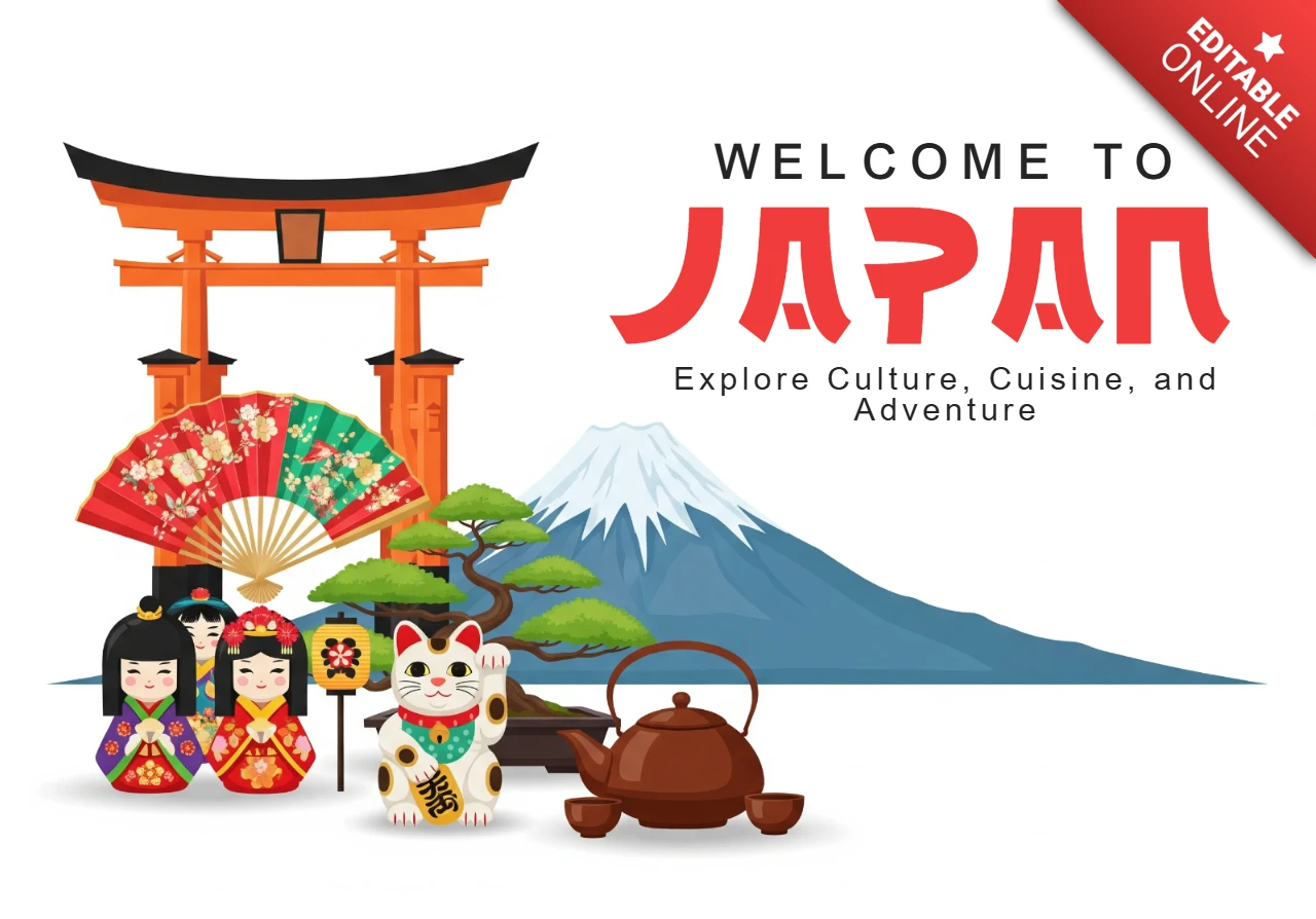 Explore o cartaz de viagem do Japão, conjunto de chá, árvore bonsai e leques de flores de cerejeira em um layout de herança artística.