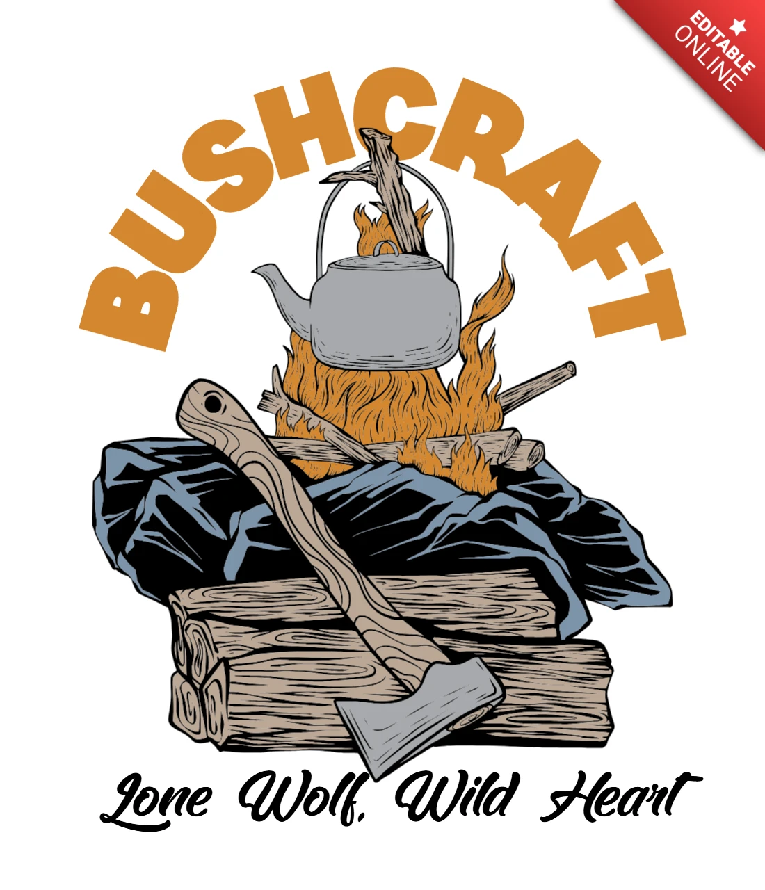 Modelo de design de aventura de bushcraft com elementos de machado, fogo e camping