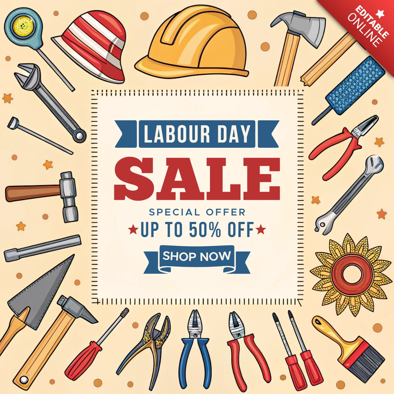 Labour Day Sale Design Template: Festive Tools and Equipment Theme