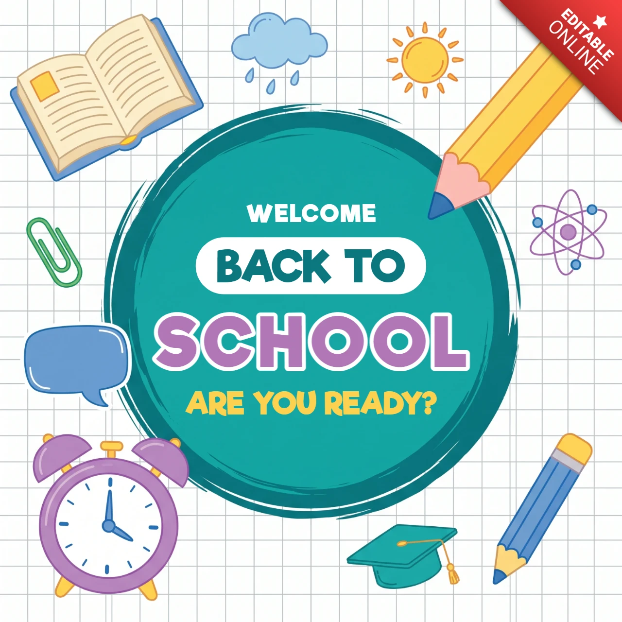 Welcome back to school colorful educational design with pencils and clock