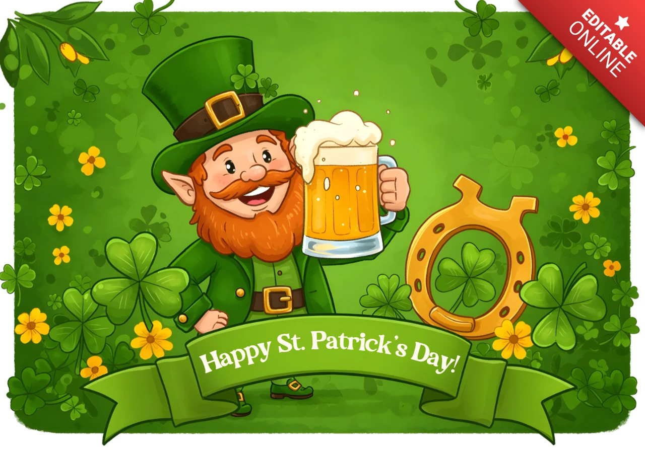 St. Patrick's Day Celebration Design Template with Leprechaun and Beer