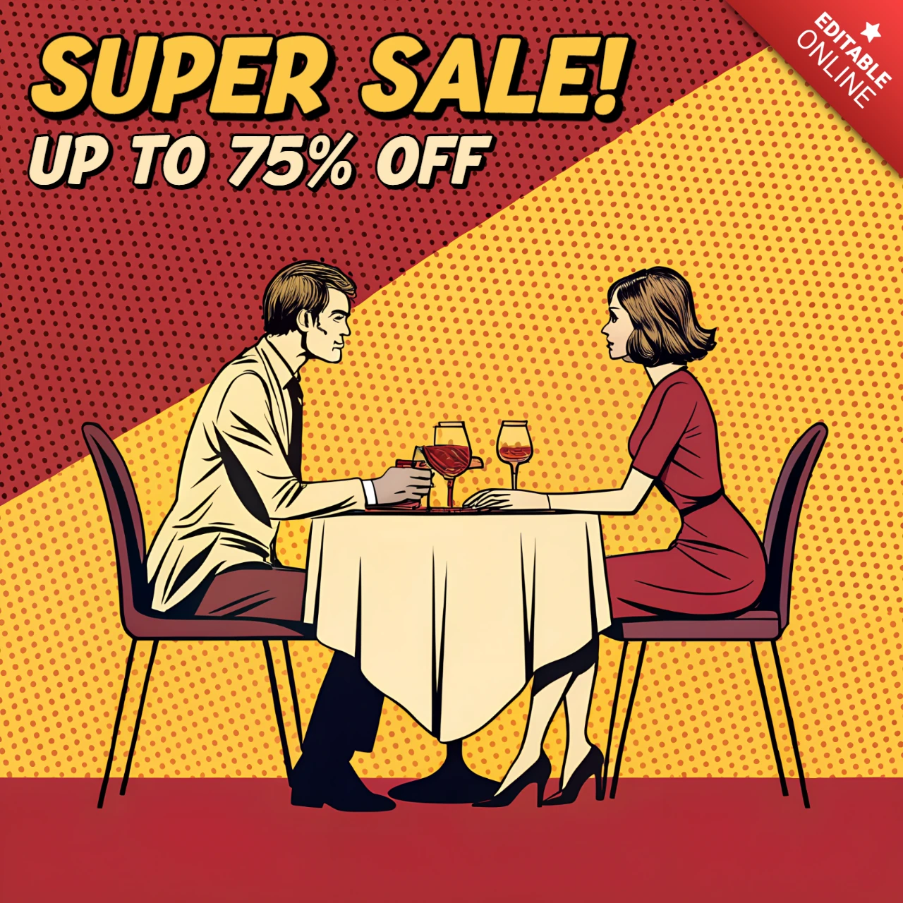 Modèle de design de vente d'art pop rétro pour la publicité d'un dîner romantique au restaurant