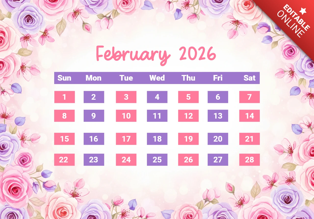 Calendrier de février 2026 thème blush bloom glow avec des fleurs pastel et une élégance saisonnière