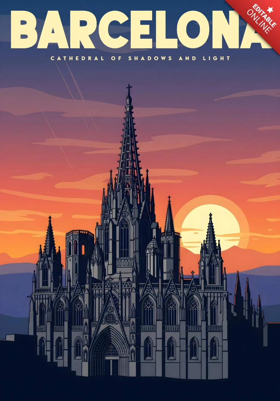 Gothic Cathedral at Sunset with Shadows & Light Barcelona Travel Posters Design Template