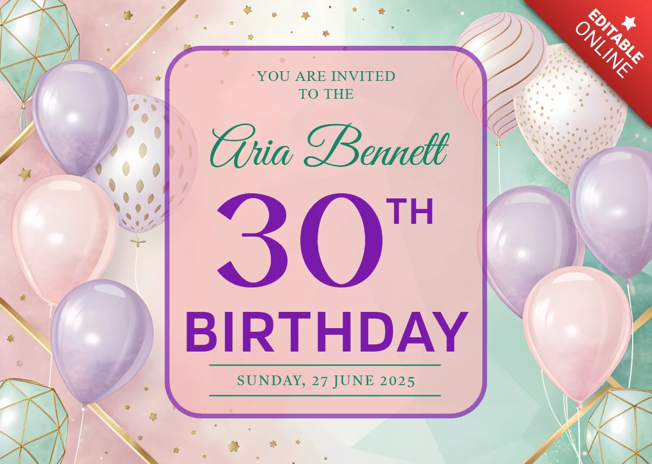 Modèle de conception de ballon élégant pour les invitations du 30e anniversaire