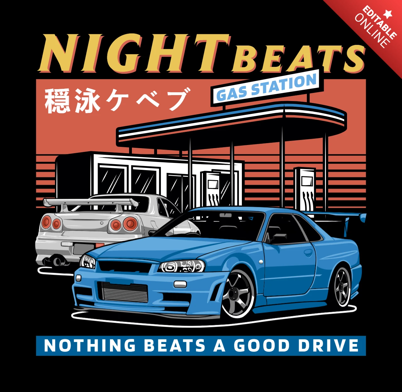 Night Beats Gas Station Manga Car T-shirt Design Template