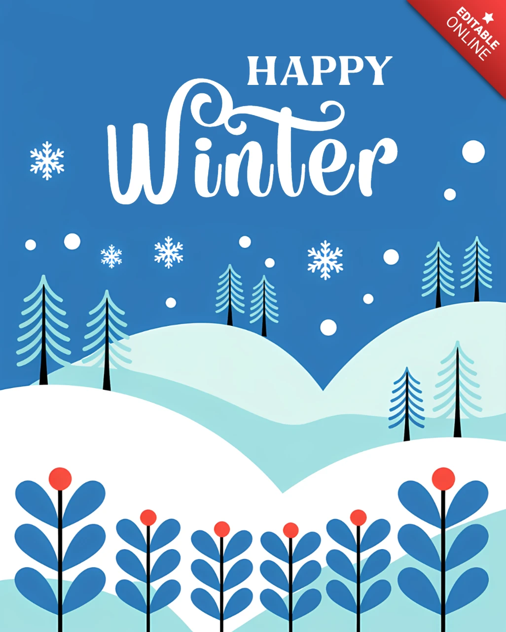 Winterwunderland-Designvorlage für Weihnachtskarten mit Schneeflocken und Bäumen
