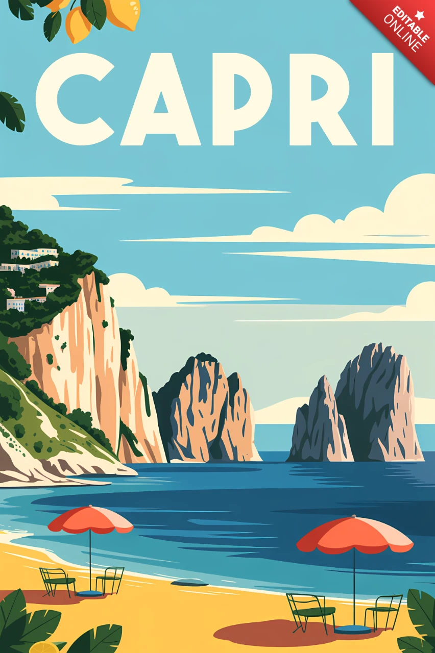 Vintage capri strandscène ontwerp sjabloon voor posters